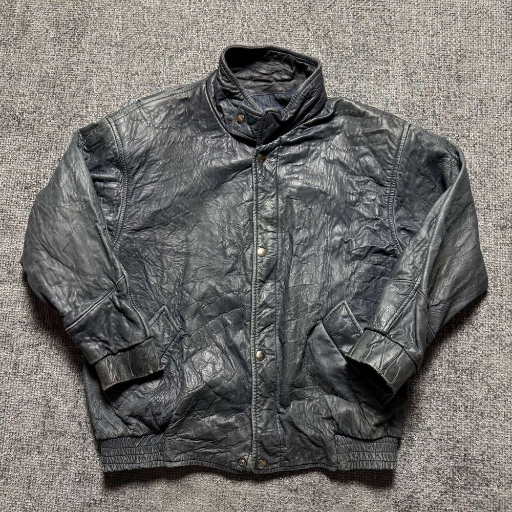 Harry Rosen Leather Bomber Jacket Mens L Navy Blue Distressed Vintage 90s Canada